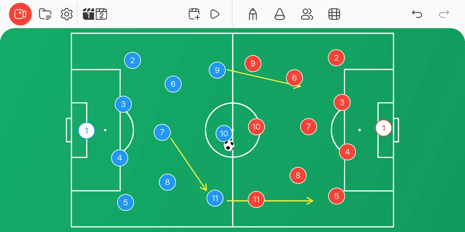 A tactics board with two teams in formation and the arrows of a play